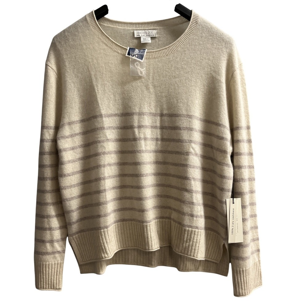 Rachel Zoe‎ Sweater Ivory 2 Ply Cashmere Light Purple Stripe Pullover Womens XL